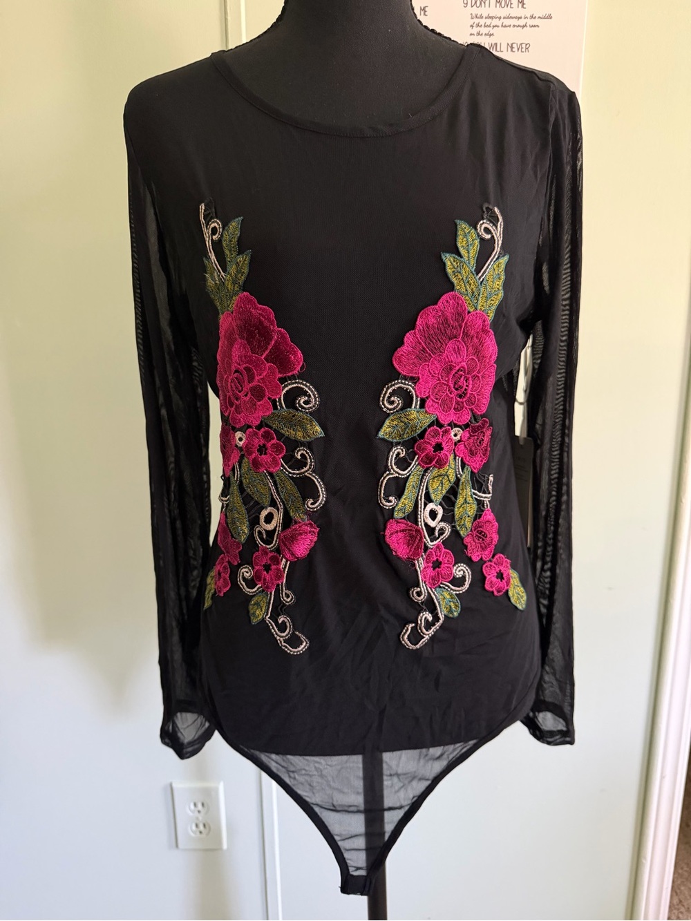 Iris Basic Black Bodysuit with Fuchsia Floral Embroidery 1X